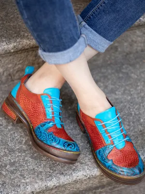 Genuine Leather Brown Matrix Turquoise Floral Embossed Sneakers Oxford Shoes