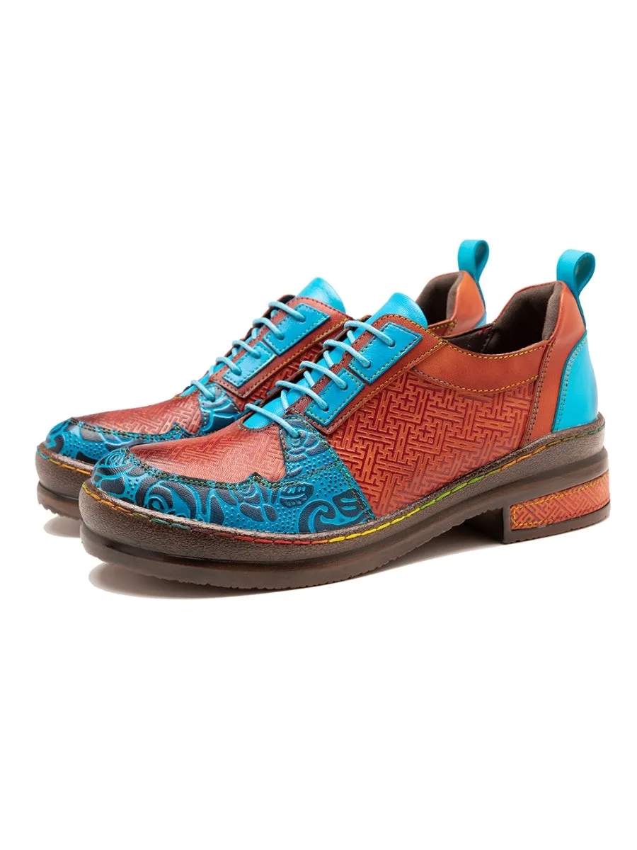 Genuine Leather Brown Matrix Turquoise Floral Embossed Sneakers Oxford Shoes