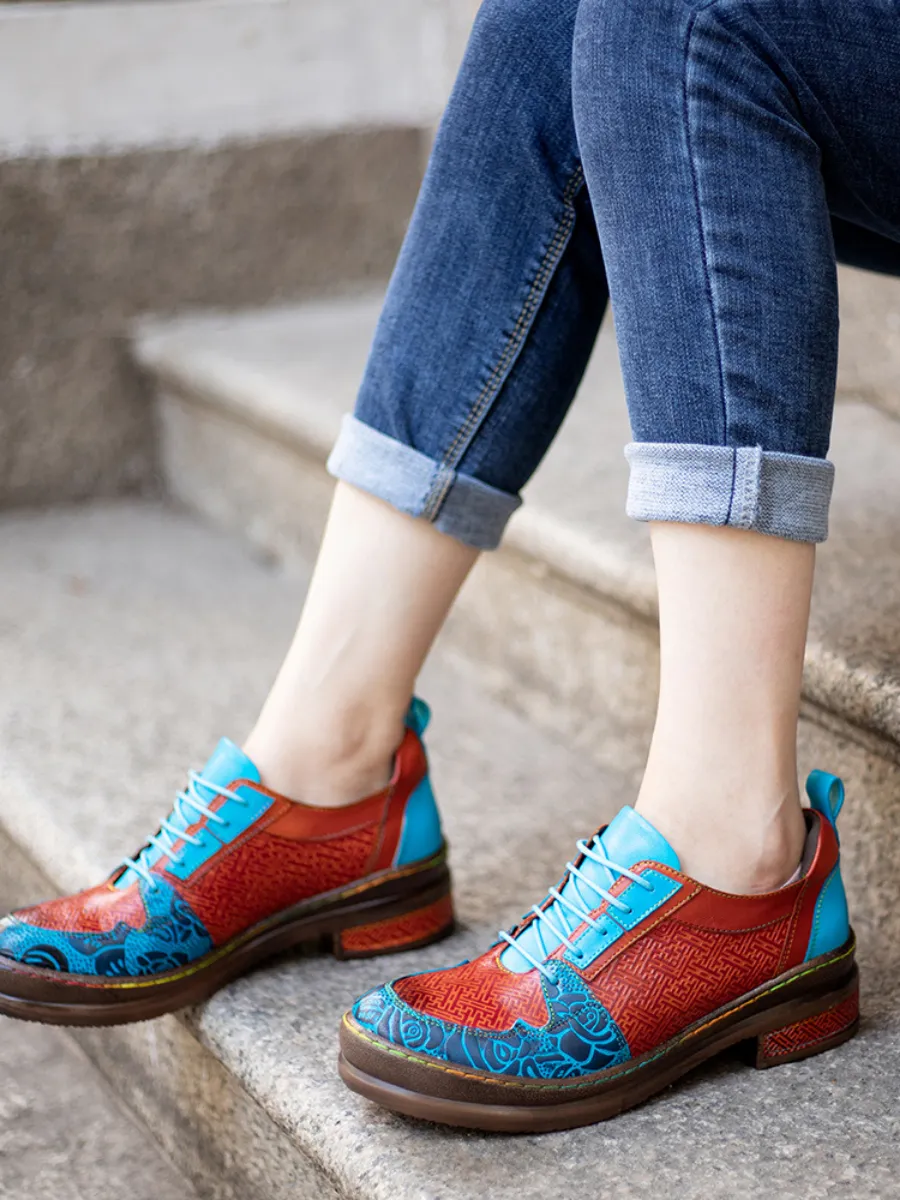 Genuine Leather Brown Matrix Turquoise Floral Embossed Sneakers Oxford Shoes
