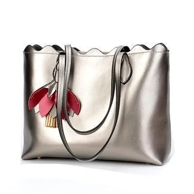 Genuine Leather Large Capacity Metallic Tote Bag