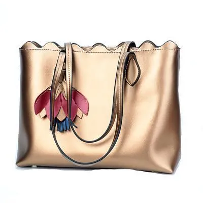 Genuine Leather Large Capacity Metallic Tote Bag