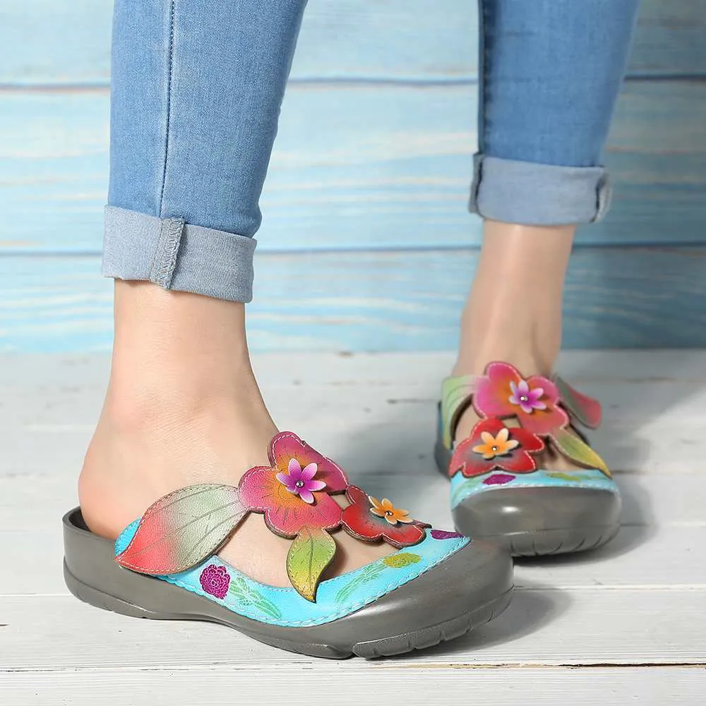 Genuine Leather Retro Splicing Flowers Pattern Stitching Adjustable Hook Loop Sandals Casual Vintage Flat Shoes Women New