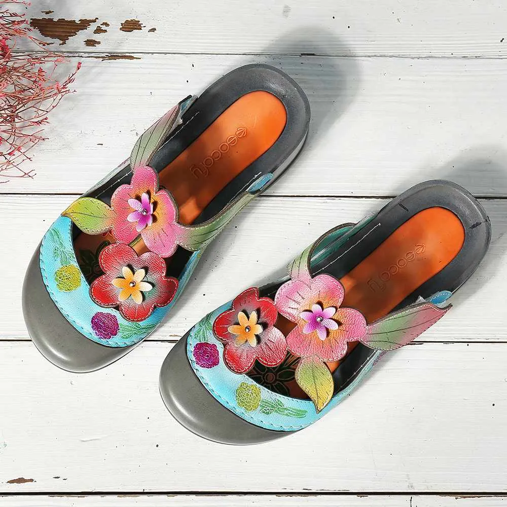 Genuine Leather Retro Splicing Flowers Pattern Stitching Adjustable Hook Loop Sandals Casual Vintage Flat Shoes Women New