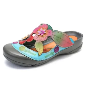 Genuine Leather Retro Splicing Flowers Pattern Stitching Adjustable Hook Loop Sandals Casual Vintage Flat Shoes Women New