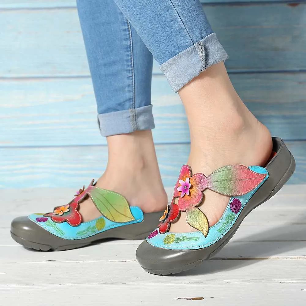 Genuine Leather Retro Splicing Flowers Pattern Stitching Adjustable Hook Loop Sandals Casual Vintage Flat Shoes Women New