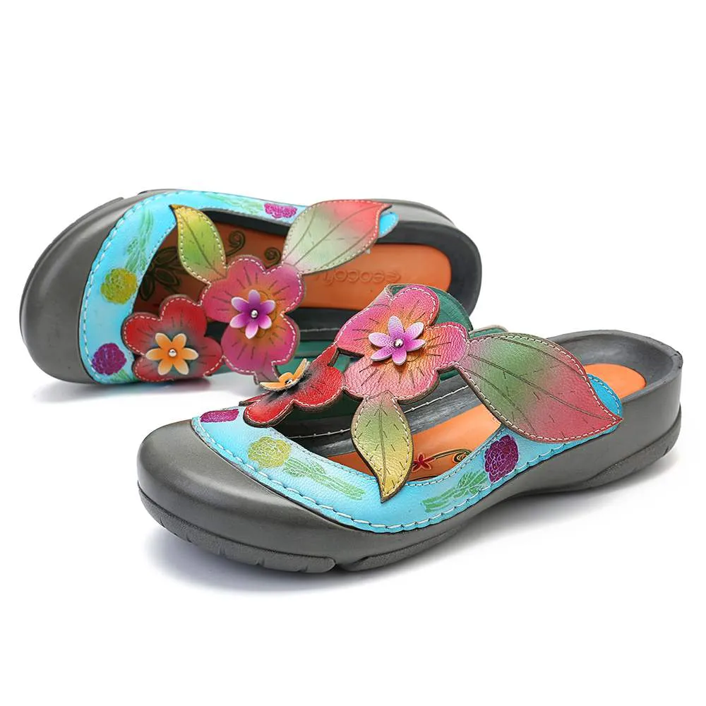 Genuine Leather Retro Splicing Flowers Pattern Stitching Adjustable Hook Loop Sandals Casual Vintage Flat Shoes Women New