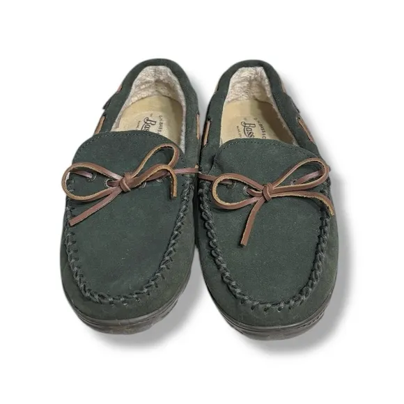 G.H. BASS Green Suede Moccasin Shoes Faux Shearling Lining