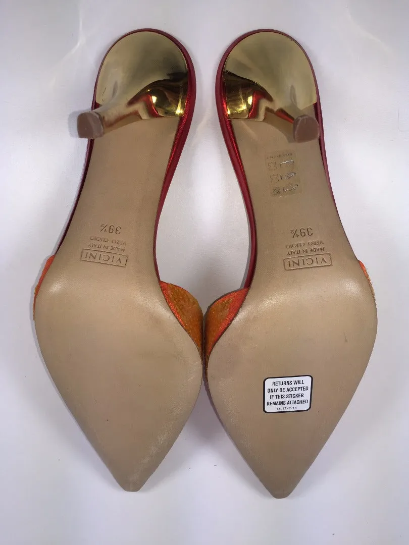 GIUSEPPE ZANOTTI Fire Bird Red Orange Sequin Mules with Gold Heels Size 39 1/2