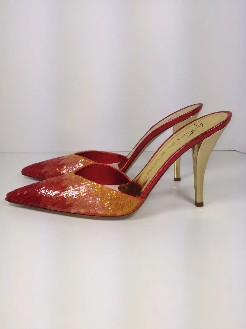 GIUSEPPE ZANOTTI Fire Bird Red Orange Sequin Mules with Gold Heels Size 39 1/2