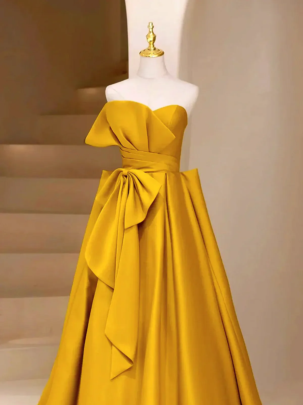 Gold Satin A-line Strapless Long Prom Dress Party Dress, Gold Satin Evening Dress