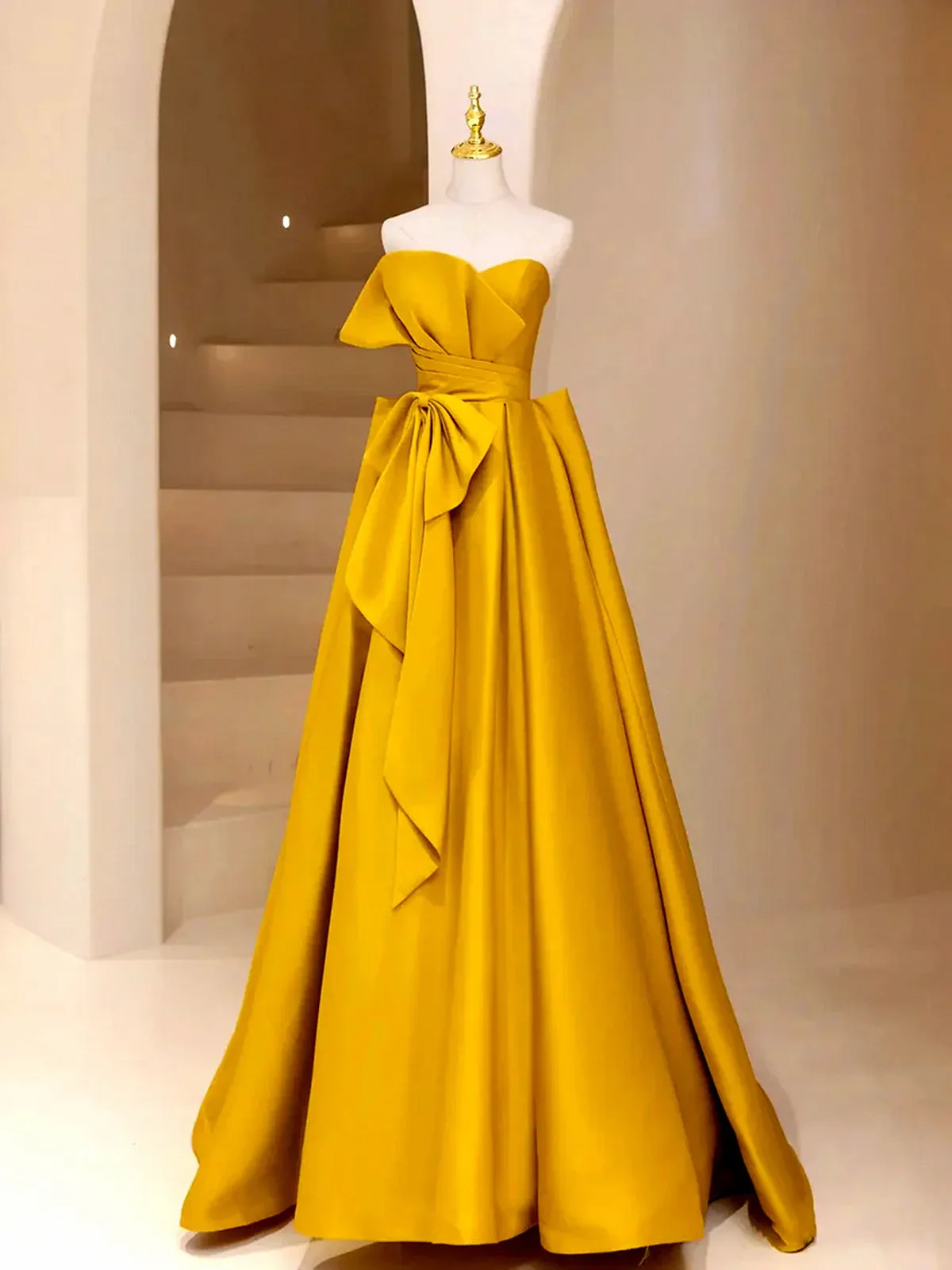 Gold Satin A-line Strapless Long Prom Dress Party Dress, Gold Satin Evening Dress