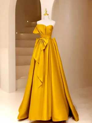 Gold Satin A-line Strapless Long Prom Dress Party Dress, Gold Satin Evening Dress