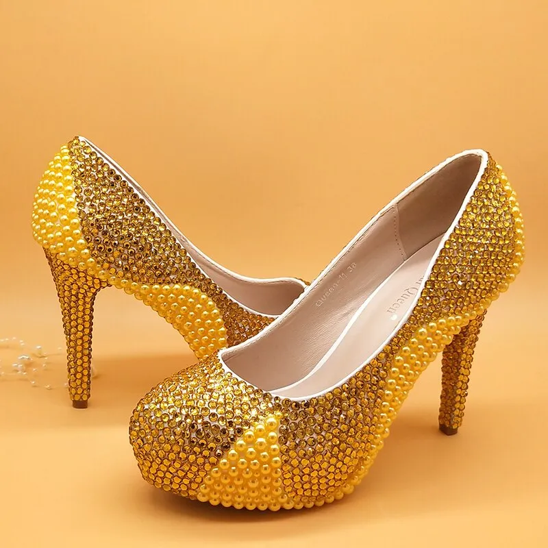 Golden pearl crystal wedding shoes and bag Sets Fashion women's Round Pumps High shoes party Dress shoes with matching bags