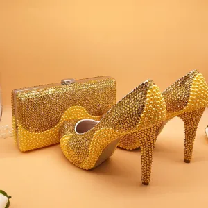 Golden pearl crystal wedding shoes and bag Sets Fashion women's Round Pumps High shoes party Dress shoes with matching bags