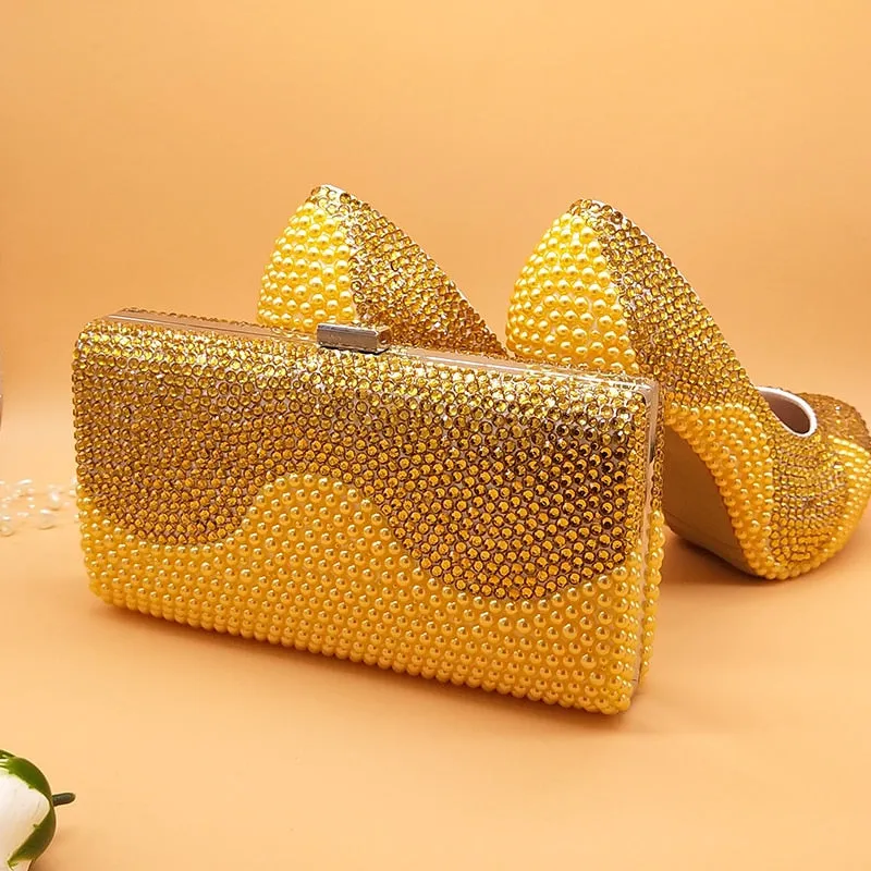 Golden pearl crystal wedding shoes and bag Sets Fashion women's Round Pumps High shoes party Dress shoes with matching bags