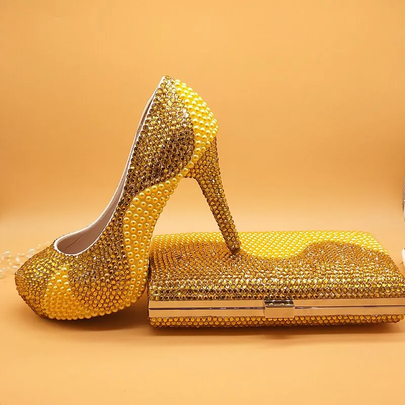 Golden pearl crystal wedding shoes and bag Sets Fashion women's Round Pumps High shoes party Dress shoes with matching bags