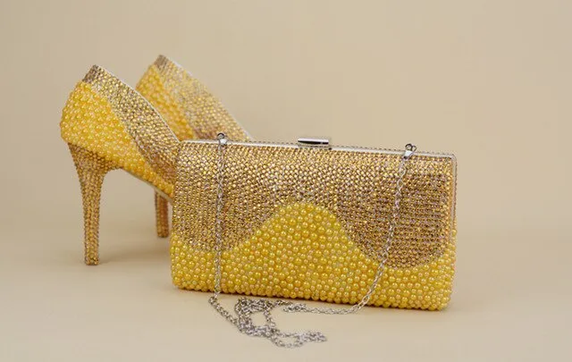 Golden pearl crystal wedding shoes and bag Sets Fashion women's Round Pumps High shoes party Dress shoes with matching bags