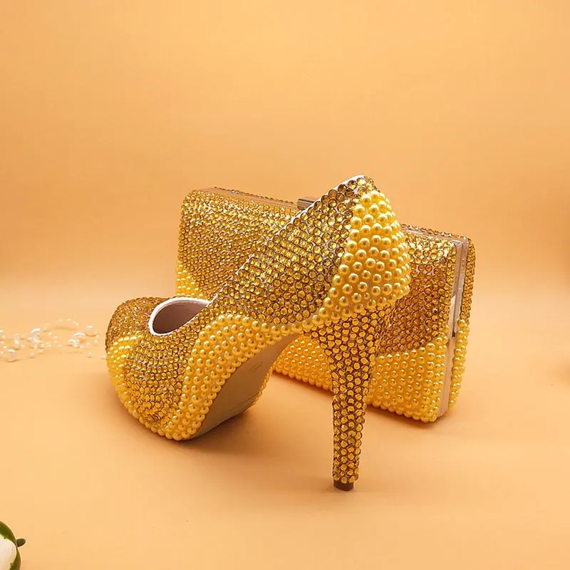 Golden pearl crystal wedding shoes and bag Sets Fashion women's Round Pumps High shoes party Dress shoes with matching bags