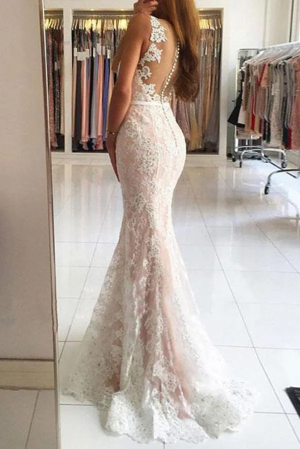 Gorgeous Ivory Mermaid V-neck Lace Long Prom Dresses with Sweep Train, MP263