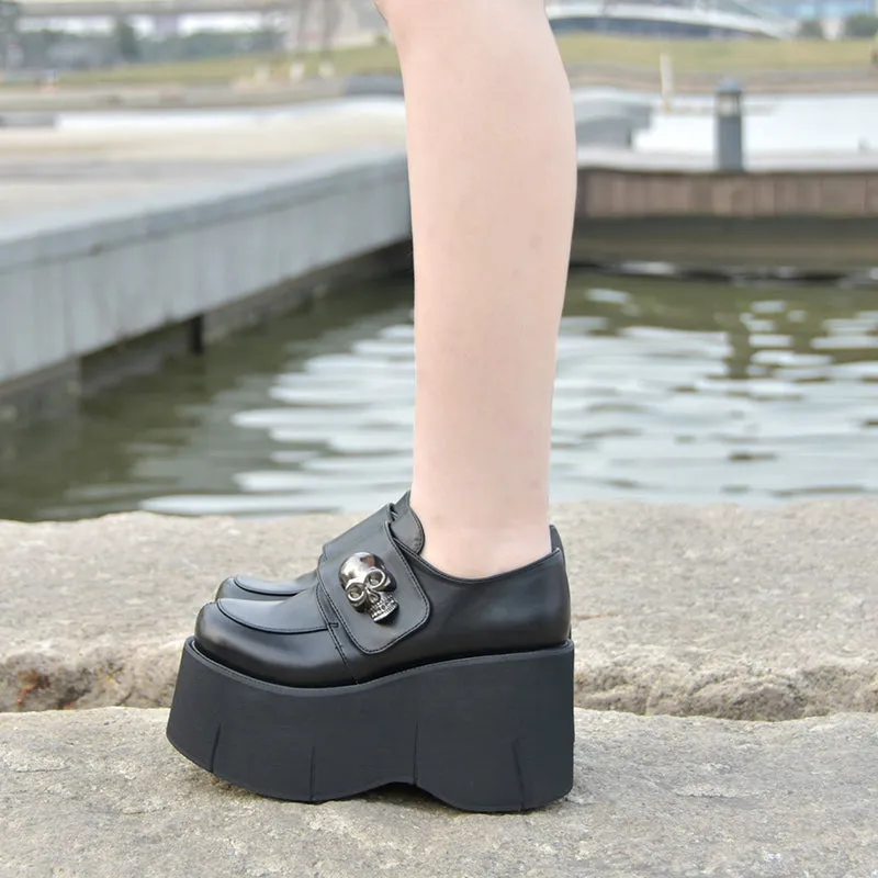 Gothic Skull Punk Lolita Cosplay Thick Platform Slip-on Oxford Japanese School Uniform Black Shoes
