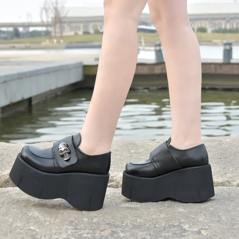 Gothic Skull Punk Lolita Cosplay Thick Platform Slip-on Oxford Japanese School Uniform Black Shoes