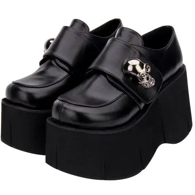 Gothic Skull Punk Lolita Cosplay Thick Platform Slip-on Oxford Japanese School Uniform Black Shoes