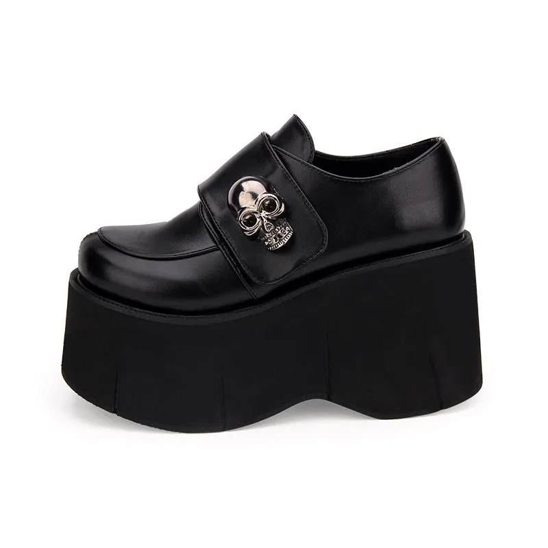 Gothic Skull Punk Lolita Cosplay Thick Platform Slip-on Oxford Japanese School Uniform Black Shoes