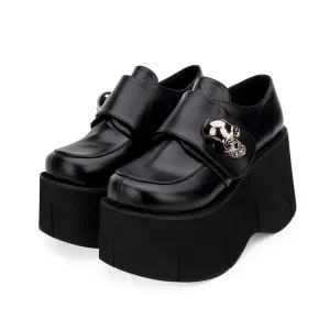 Gothic Skull Punk Lolita Cosplay Thick Platform Slip-on Oxford Japanese School Uniform Black Shoes
