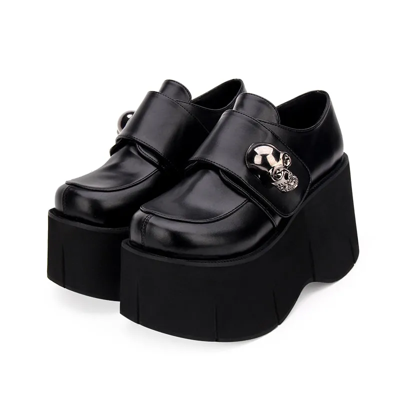 Gothic Skull Punk Lolita Cosplay Thick Platform Slip-on Oxford Japanese School Uniform Black Shoes