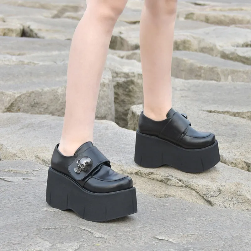 Gothic Skull Punk Lolita Cosplay Thick Platform Slip-on Oxford Japanese School Uniform Black Shoes