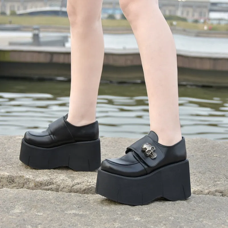 Gothic Skull Punk Lolita Cosplay Thick Platform Slip-on Oxford Japanese School Uniform Black Shoes