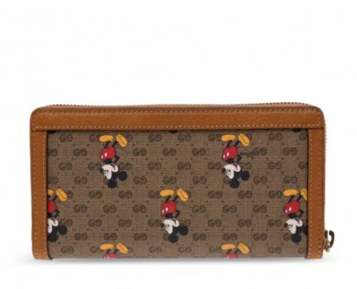 Gucci GG Disney X Mickey Mouse Zip Around Tan Gold Brown Purse Wallet Italy NEW