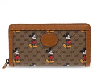 Gucci GG Disney X Mickey Mouse Zip Around Tan Gold Brown Purse Wallet Italy NEW