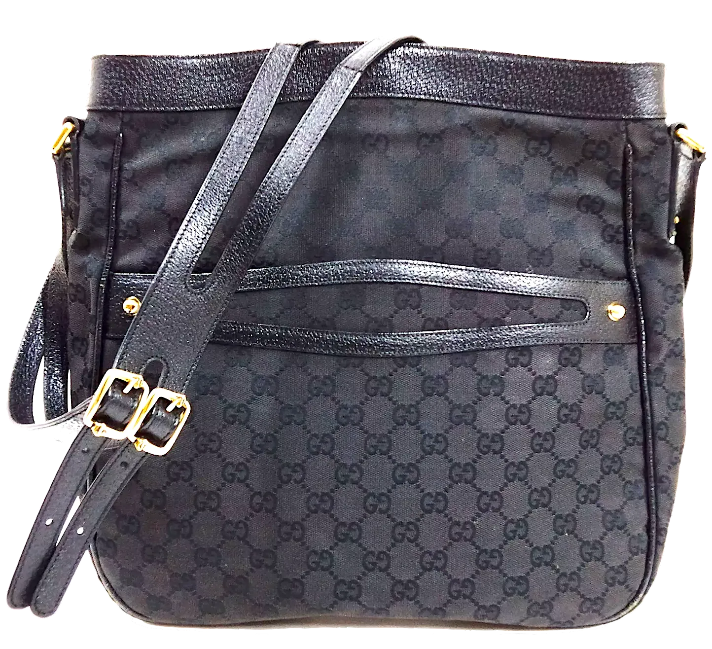 Gucci Italy. Black Leather/Canvas Logos Long Strap Shoulder Bag