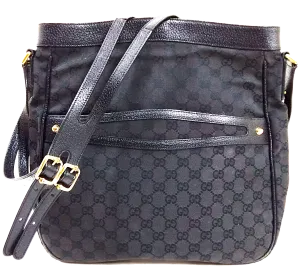 Gucci Italy. Black Leather/Canvas Logos Long Strap Shoulder Bag