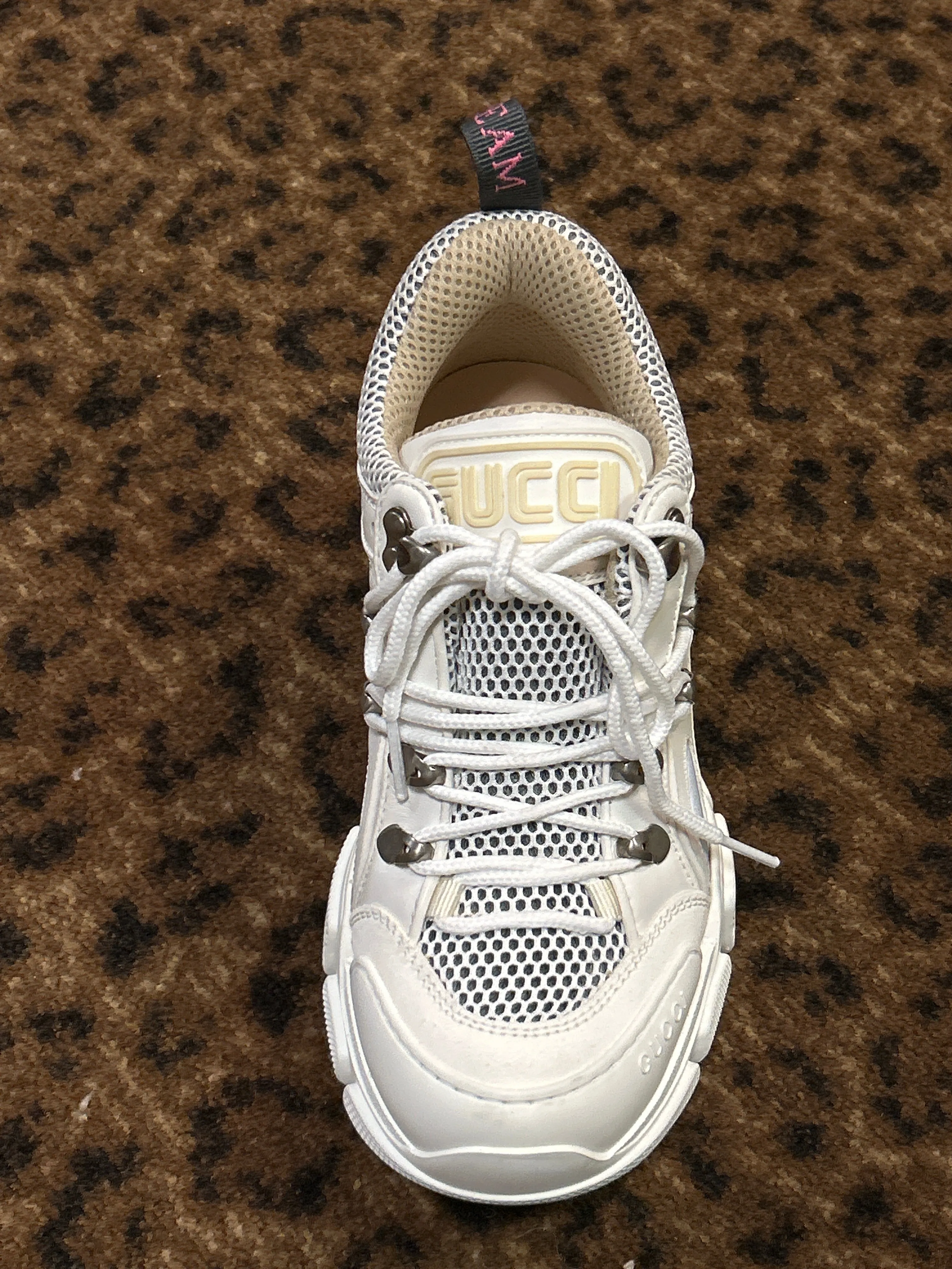 Gucci Shoes, White Mesh Calfskin Suede Flashtrek Sneakers (size 35.5)