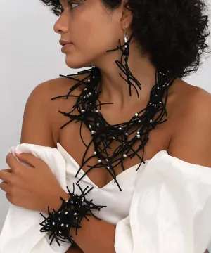 Hand Made Black Leather Necklace and Earring set
