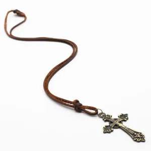 Handmade Vintage Brown Genuine Cowhide Leather Rope Chain Bronze Cross Pendant Necklace Men Women Homme Male Cowboy Jewelry