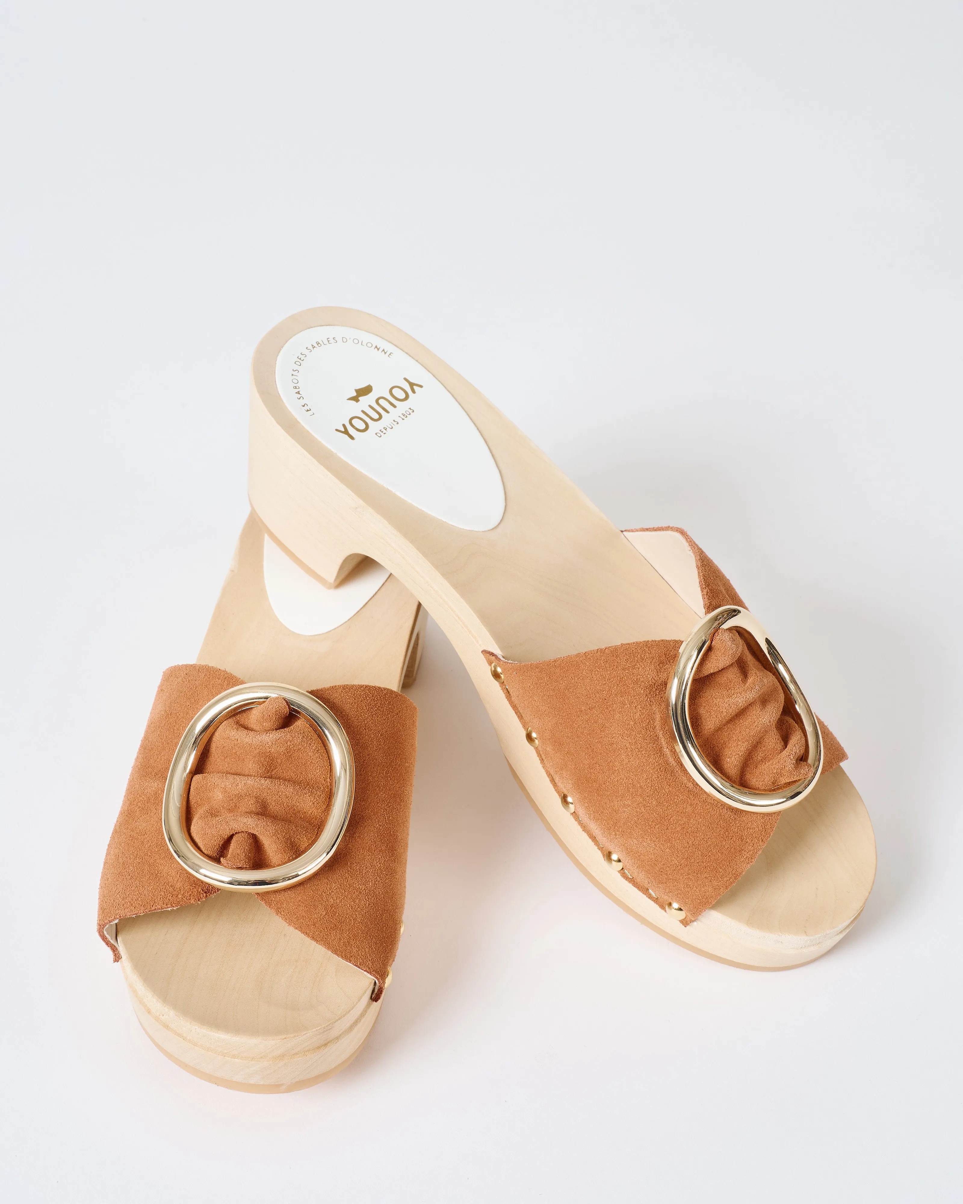 heel clog with gold buckle