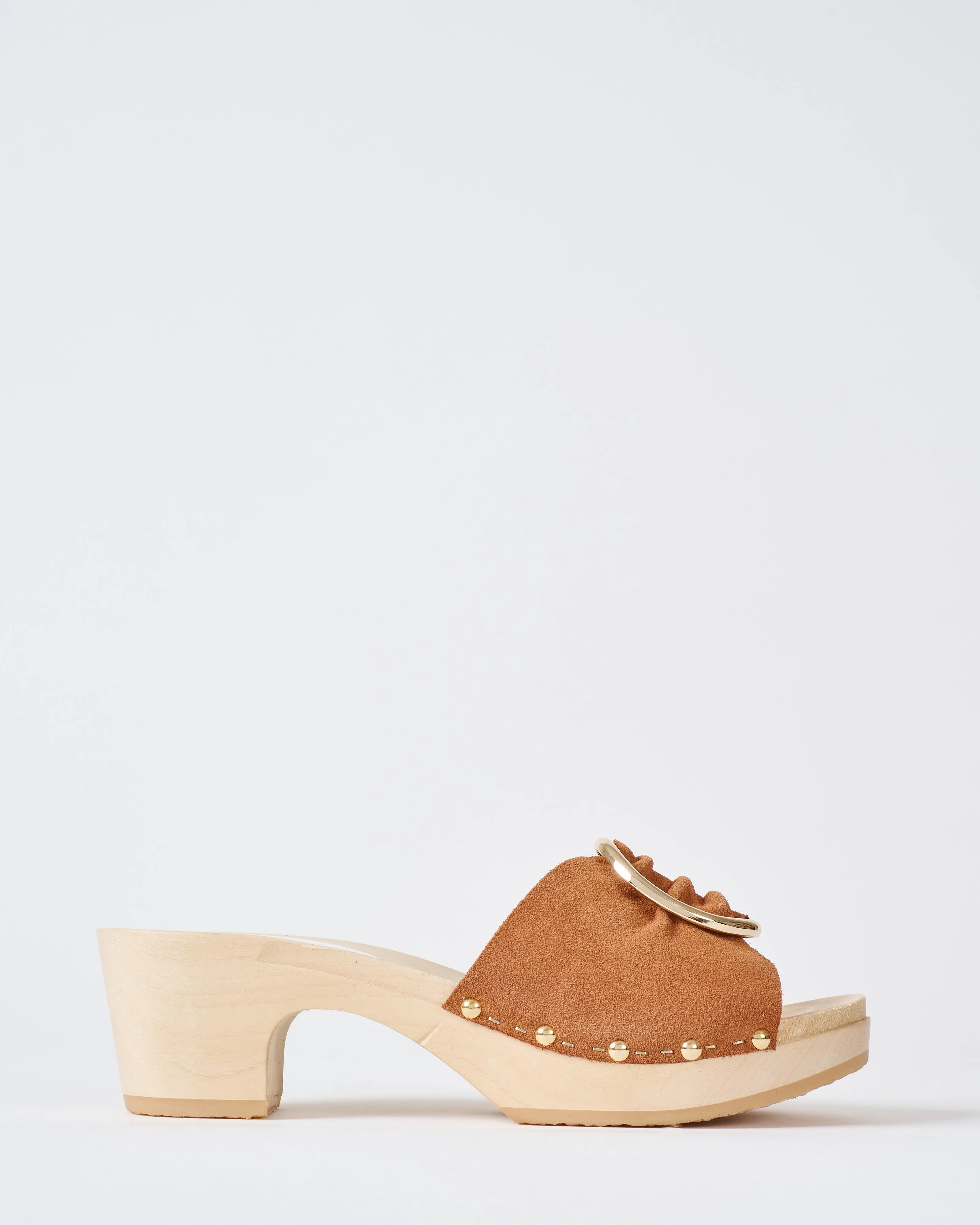 heel clog with gold buckle