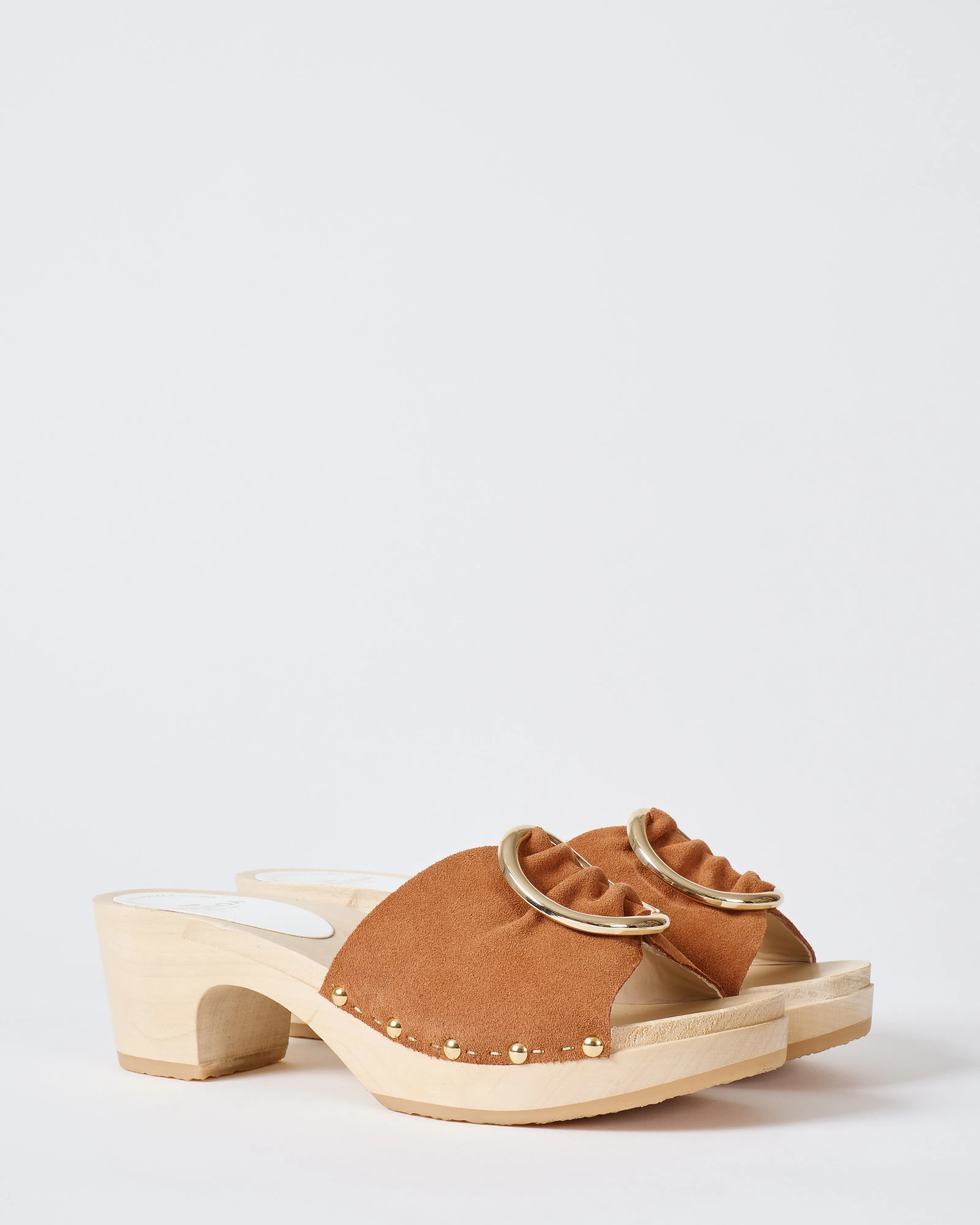 heel clog with gold buckle
