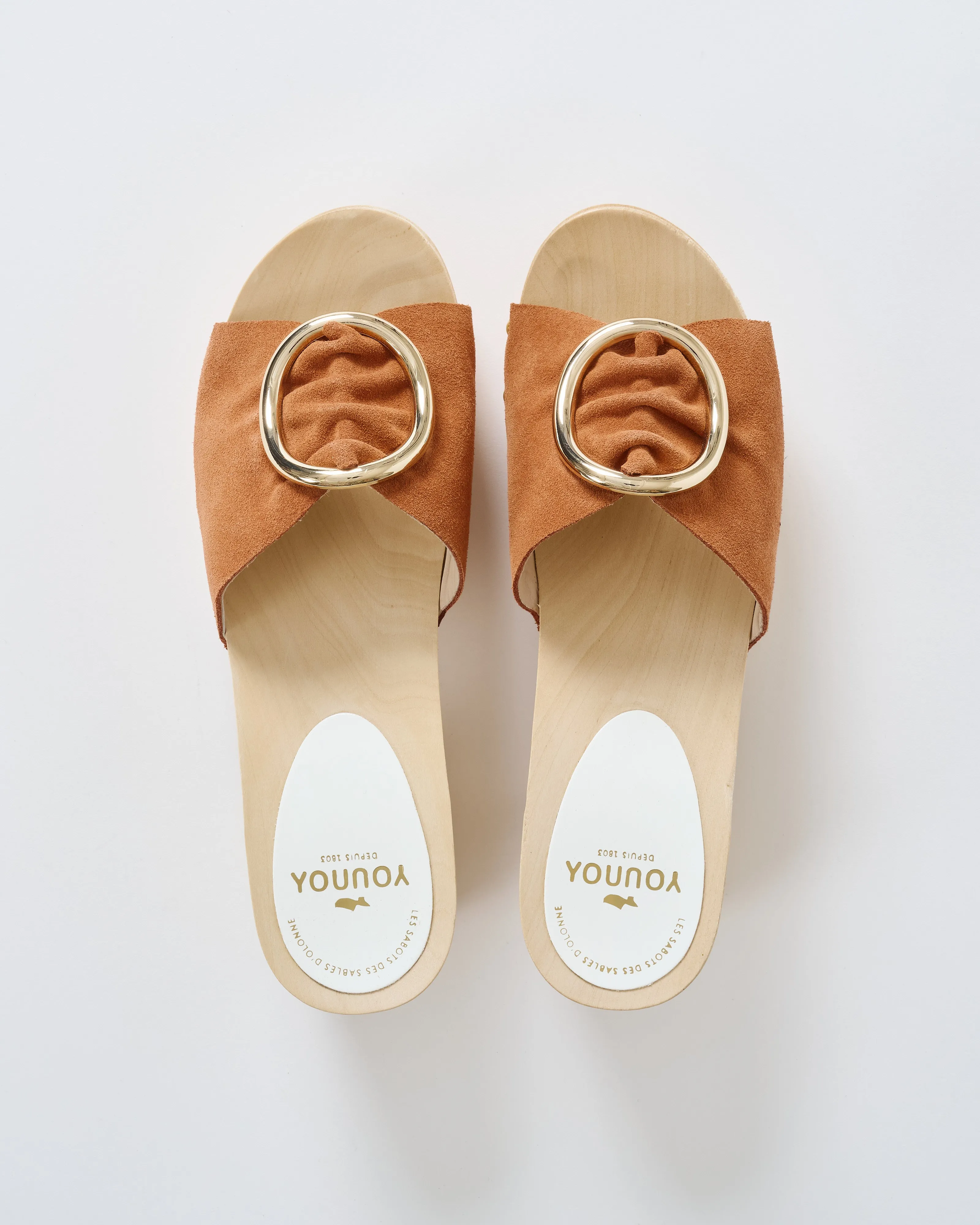 heel clog with gold buckle