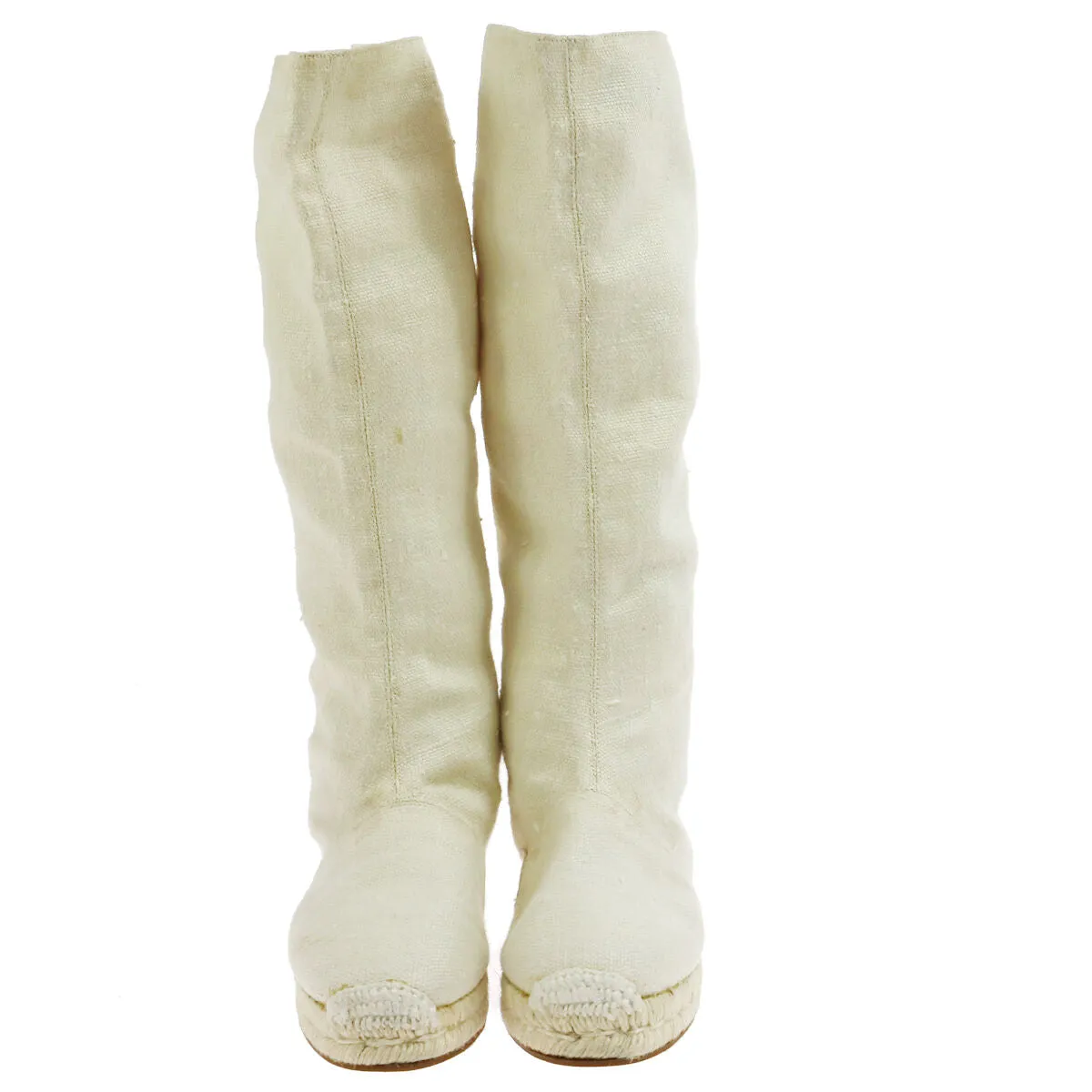 HERMES Logos Shoes Boots White Canvas Vintage Size 35 V06024
