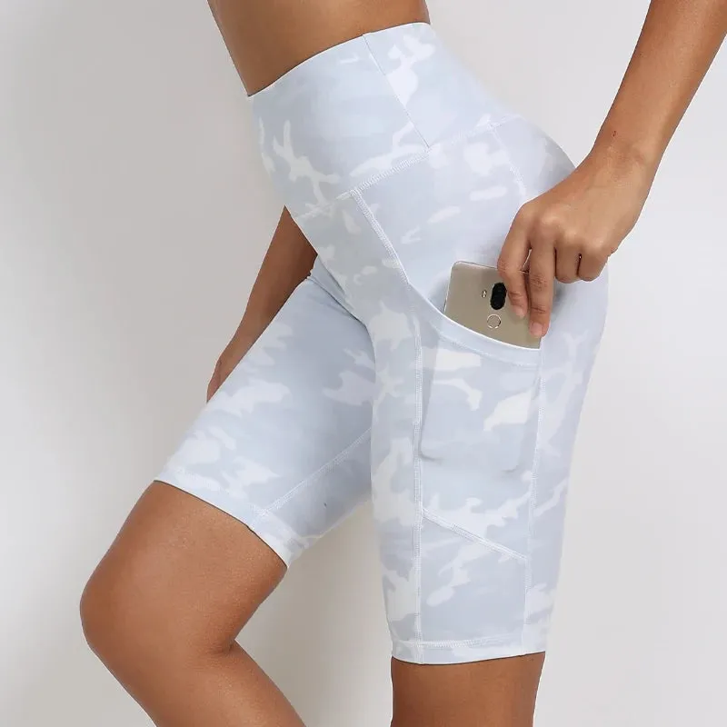 High Waist Women's Cycling Shorts - Camouflage Leopard Print Tie Dye
