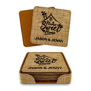 Home Sweet Home Personalized Coaster Set of 6 Rustic Burlap Vintage Home Decor for Kitchen