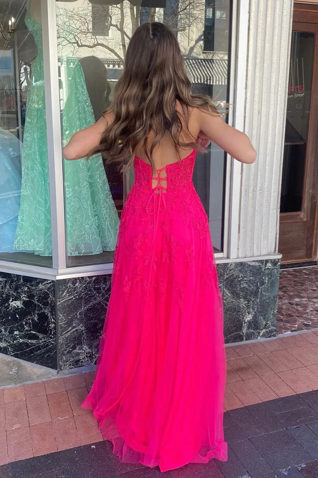 Hot Pink Strapless Floral Appliques A-line Long Prom Dress TP1265