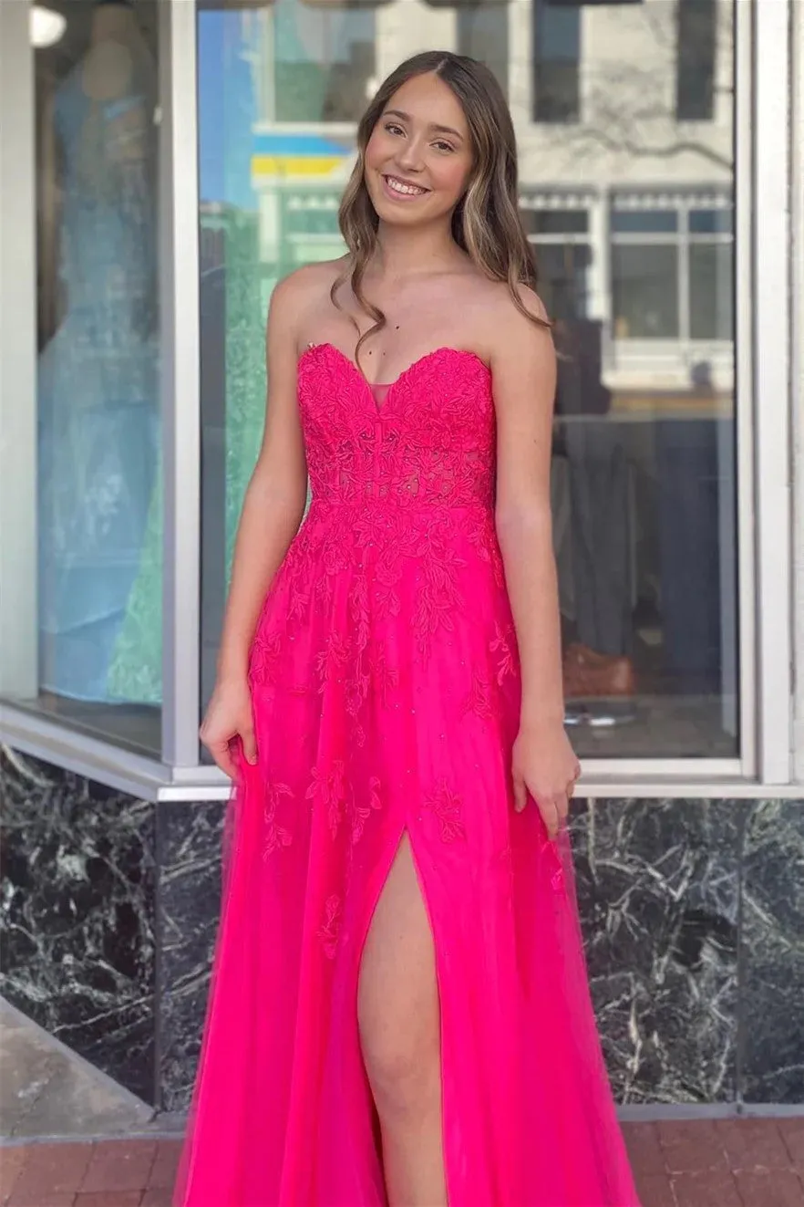 Hot Pink Strapless Floral Appliques A-line Long Prom Dress TP1265