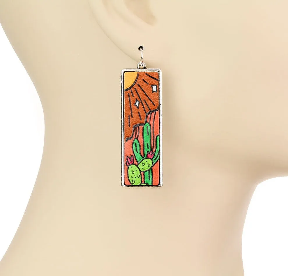 Itasca Rectangle Fashion Silver Framed Leather Desert Scene Earrings