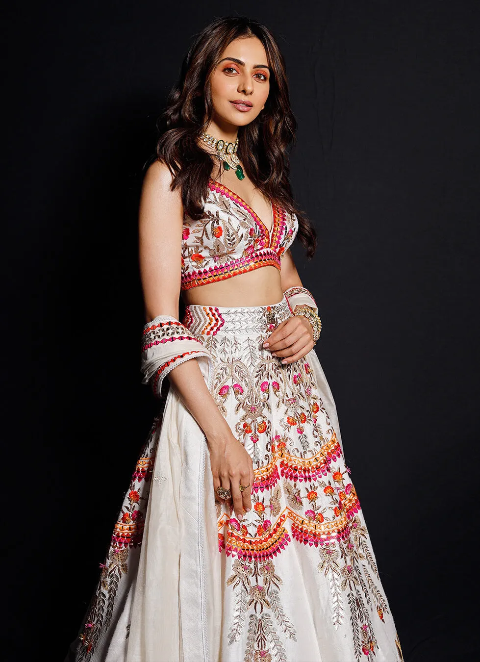 Ivory Floral Embroidery Lehenga Set