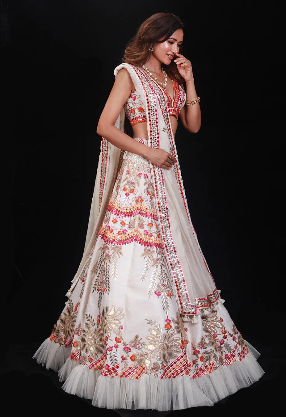 Ivory Floral Embroidery Lehenga Set